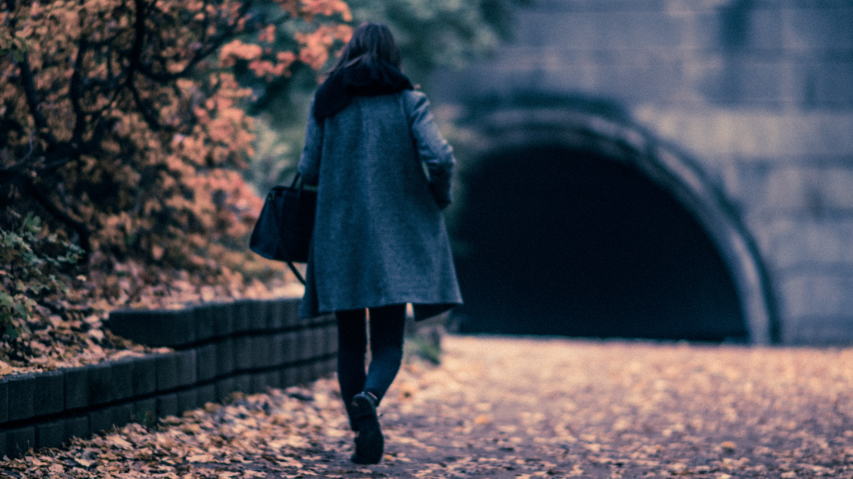 Une femme de dos marche sur un chemin couvert de feuilles d'automne, vers l'entrée d'un tunnel